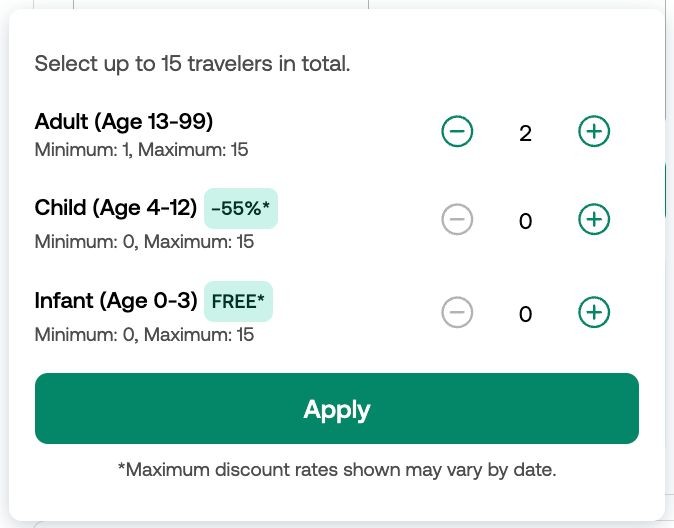 Viator traveler selector showing children 55% off and infants free