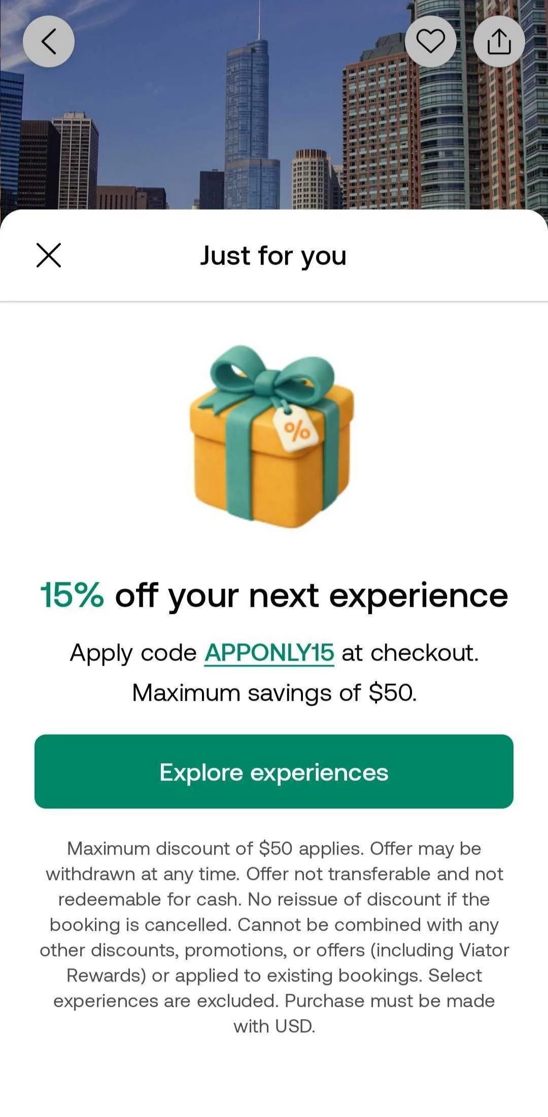 Viator app popup offer for 15% off next experience with code