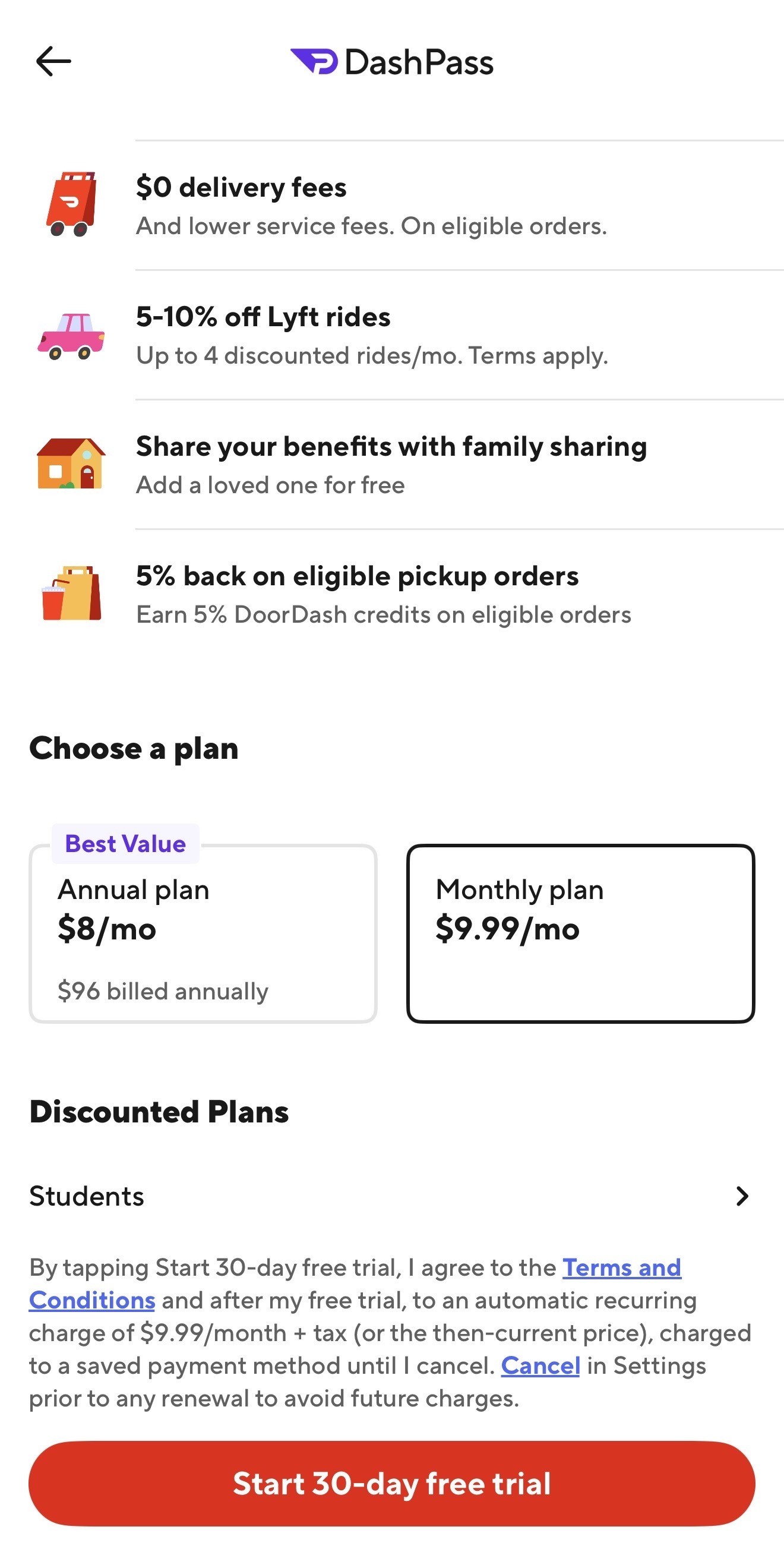 DashPass perks list with subscription price and savings breakdown