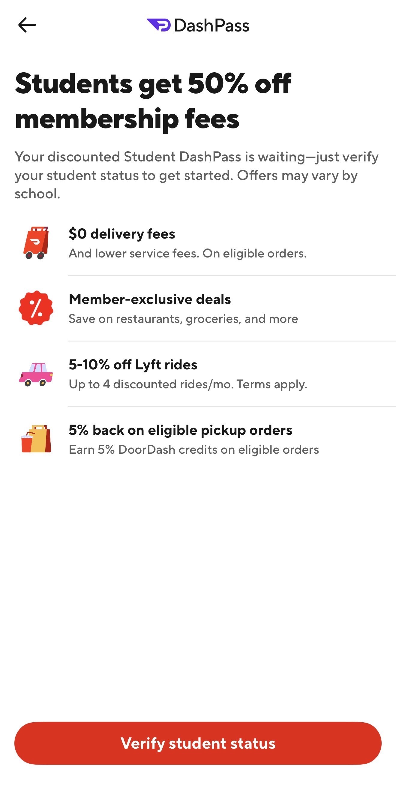 Student DashPass discount details with perks like free delivery and reduced fees