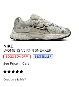 Shoes labeled coupon eligible for stacking with additional discounts