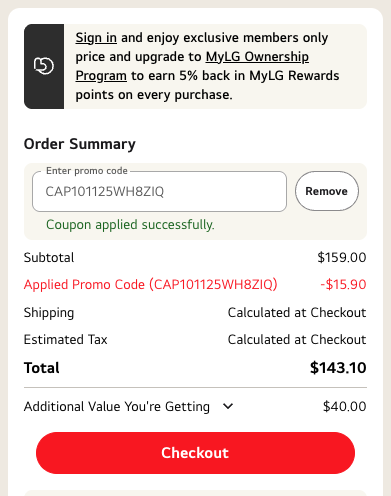 LG coupon successfully applied to cart order at checkout