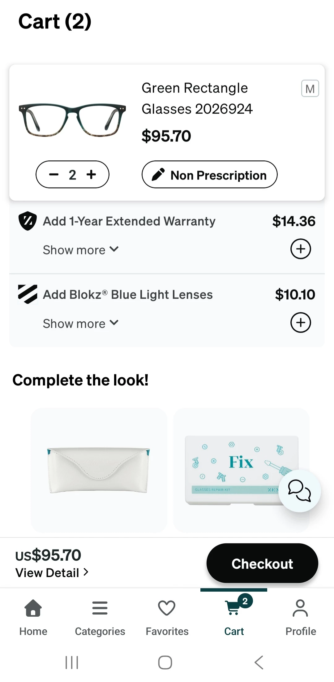 Zenni Optical cart after glasses added for checkout
