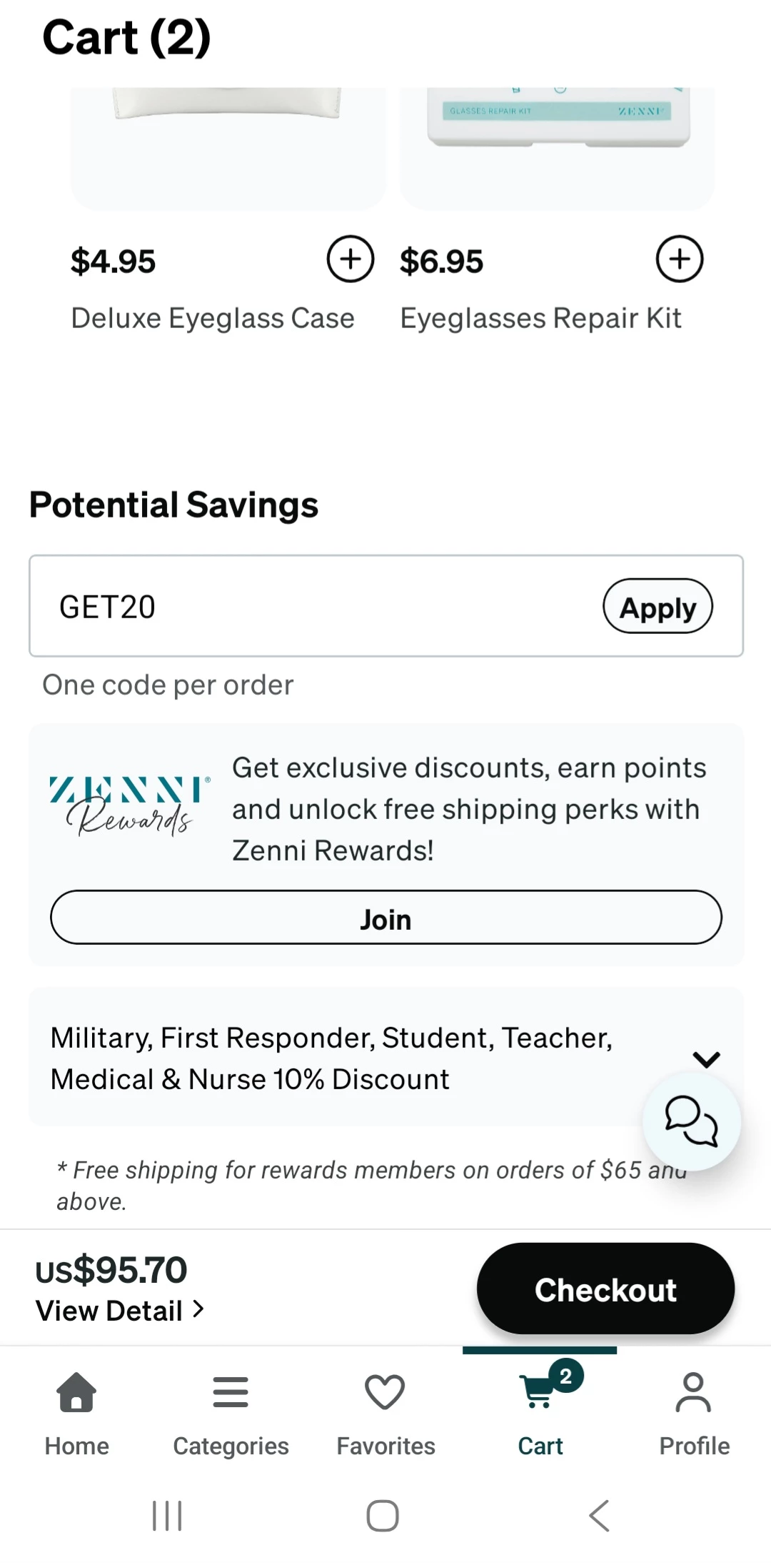 Zenni Optical checkout with promo code entered and Apply button selected