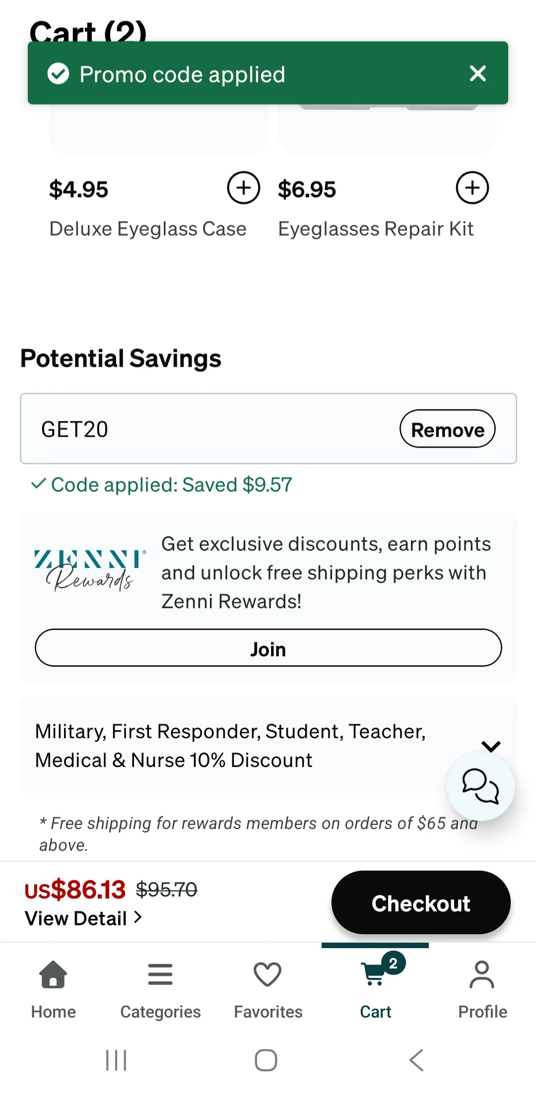 Zenni Optical checkout showing valid promo code message and updated total