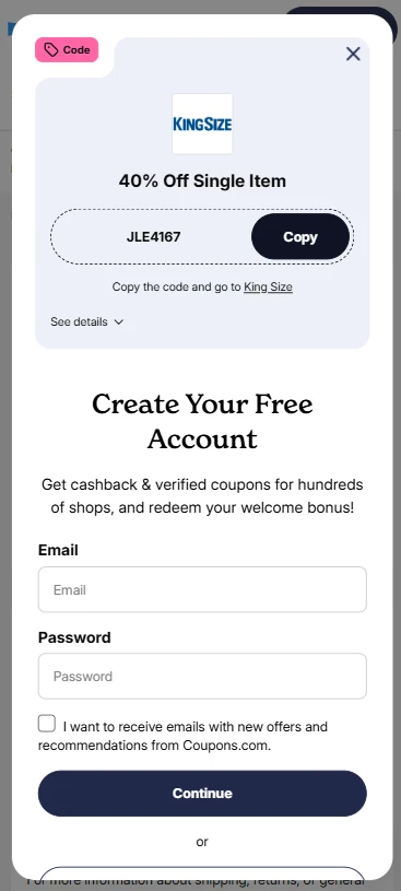 A screenshot of one of the King Size promo codes we have on Coupons.com