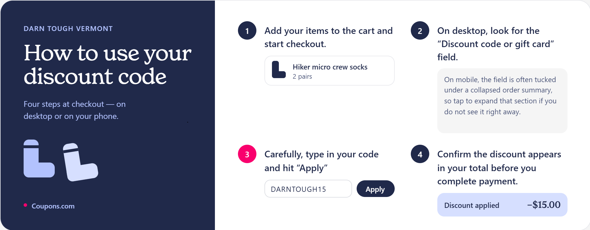 Infographic to guide online shoppers how to successfully use a promo code on Darn Tough Vermont orders.