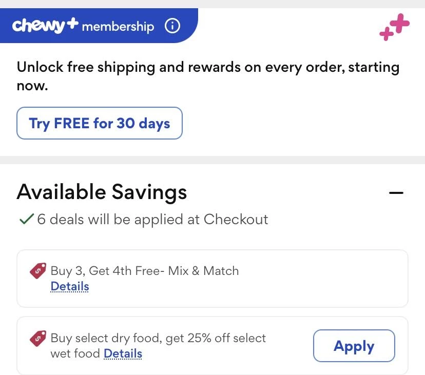The cart at Chewy.com focussing on the available savings section to illustrate the best route to finding savings at Chewy instead of finding them the normal way for online retailers: by looking on the homepage of the retailer.